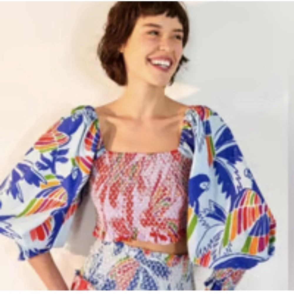 Farm Rio Women's XS Mixed Color Birds Crop‎ Top Multi Smocked NEW